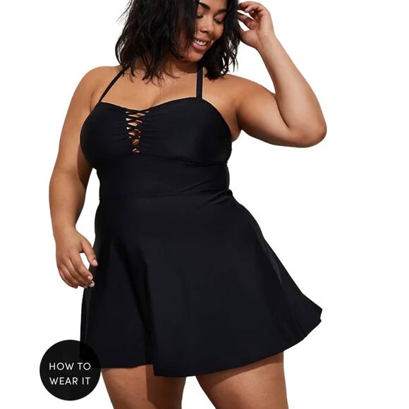 Torrid NWT Crisscross Lattice Peplum Long Swim Dress Black Size 1X Lace-up Bust - Picture 2 of 9
